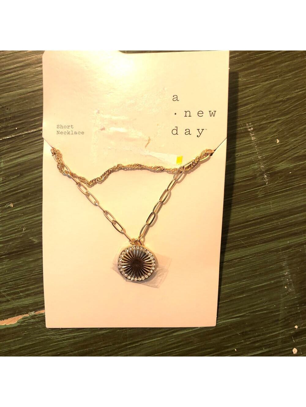 A New Day NWT Gold Tone Short Necklace Pave Circle Pendant Necklace